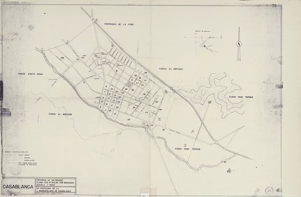Casablanca Provincia de Valparaíso : plano con n°. roles por manzana [material cartográfico] : I. Municipalidad de Casablanca : realizad por Gabriel González V.