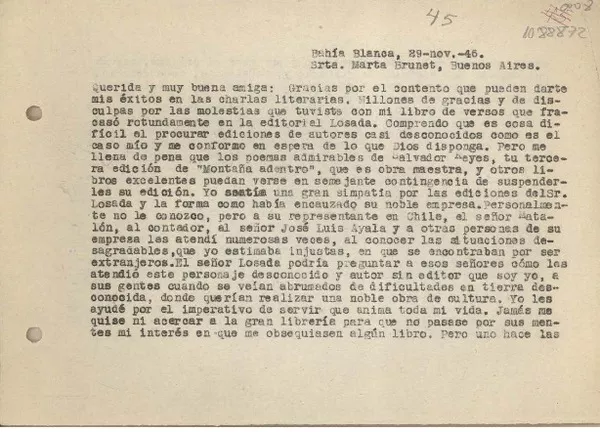[Carta] 1946 noviembre 29, Bahía Blanca, Argentina [a] Marta Brunet, Buenos Aires  [manuscrito] Juan Mujica de la Fuente.