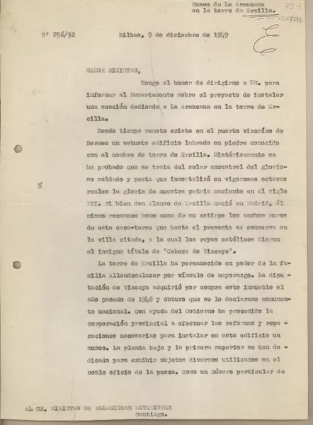 [Oficio N° 25632] 1949 diciembre 9, Bilbao, España [al] Sr. Ministro de Relaciones Exteriores, Chile  [manuscrito] / Juan Mujica de la Fuente.