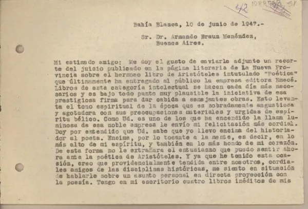 [Carta] 1947 junio 10, Bahía Blanca, Argentina [a] Armando Braun Menéndez, Buenos Aires  [manuscrito] Juan Mujica de la Fuente.