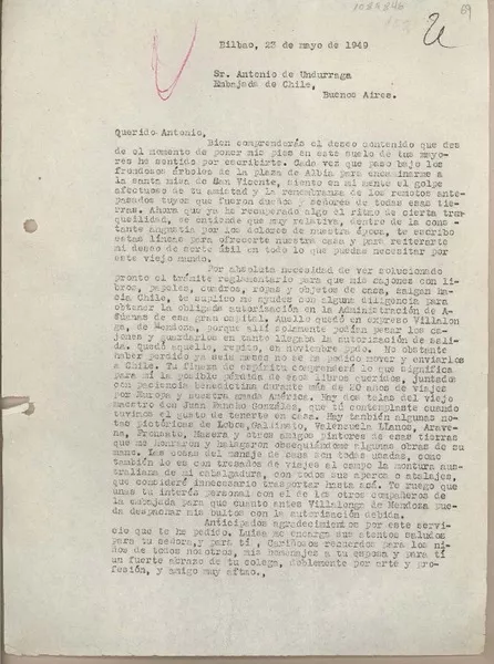 [Carta] 1949 mayo 23, Bilbao, España [a] Antonio de Undurraga, Buenos Aires  [manuscrito] Juan Mujica de la Fuente.
