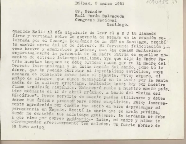 [Carta] 1951 marzo 8, Bilbao, España [a] Raúl Marín Balmaceda, Santiago [Chile]  [manuscrito] Juan Mujica de la Fuente.