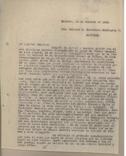 [Carta] 1948 octubre 12, Mendoza, Argentina [a] Maximiano Errázuriz V., Santiago [Chile]  [manuscrito] Juan Mujica de la Fuente.