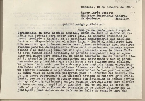 [Carta] 1948 octubre 19, Mendoza, Argentina [a] Darío Poblete, Santiago [Chile]  [manuscrito] Juan Mujica de la Fuente.