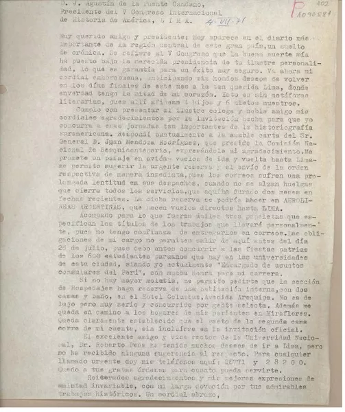 [Carta] 1971 julio 4, [Cordoba] [a] J. Agustín de la Puente Candamo, Lima [Perú]  [manuscrito] Juan Mujica de la Fuente.