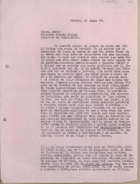 [Carta] 1957 julio 22, Madrid, España [a] Fernando García Oldini, Berna  [manuscrito] Juan Mujica de la Fuente.