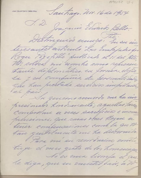 [Carta] 1954 noviembre 16, Santiago, Chile [a] Joaquín Edwards Bello  [manuscrito] José Francisco urrejola Menchaca.