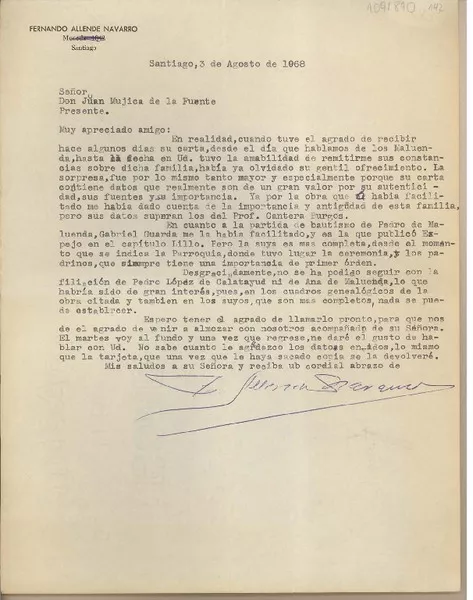 [Carta] 1968 agosto 3, Santiago, Chile [a] Juan Mujica de la Fuente  [manuscrito] Fernando Allende Navarro.