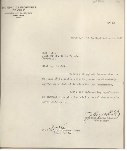 [Carta] 1941 septiembre 12, Santiago, Chile [a] Juan Mujica de la Fuente  [manuscrito] Jerónimo Lagos Lisboa.