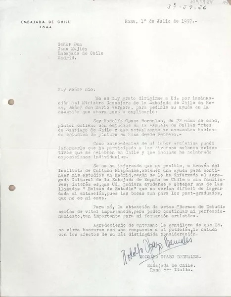 [Carta] 1957 julio 1, Roma, Italia [a] Juan Mujica de la Fuente  [manuscrito] Rodolfo Opazo Bernales.