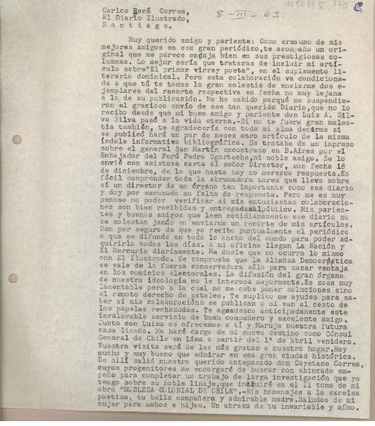[Carta] 1963 marzo 8, Arequipa, Perú [a] Carlos René Correa, Santiago, Chile  [manuscrito] Juan Mujica de la Fuente.
