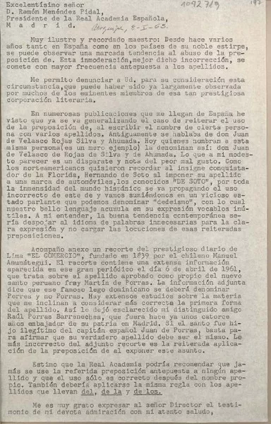 [Carta] 1963 enero 8, Arequipa, Perú [a] Ramón Menéndez Pidal, Madrid, España  [manuscrito] Juan Mujica de la Fuente.