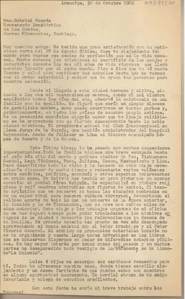 [Carta] 1960 octubre 30, Arequipa, Perú [a] Gabriel Guarda, Santiago, Chile  [manuscrito] Juan Mujica de la Fuente.
