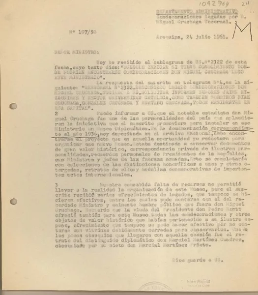 [Oficio Consular N°19750] 1961 julio 24, Arequipa, Perú [al] Ministro de Relaciones Exteriores, Santiago, Chile  [manuscrito] / Juan Mujica de la Fuente.