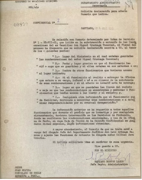 [Oficio Consular N°8792] 1961 agosto 4, Santiago, Chile [a] Juan Mujica de la Fuente, Arequipa, Perú  [manuscrito] / Ministerio de Relaciones Exteriores (Chile).