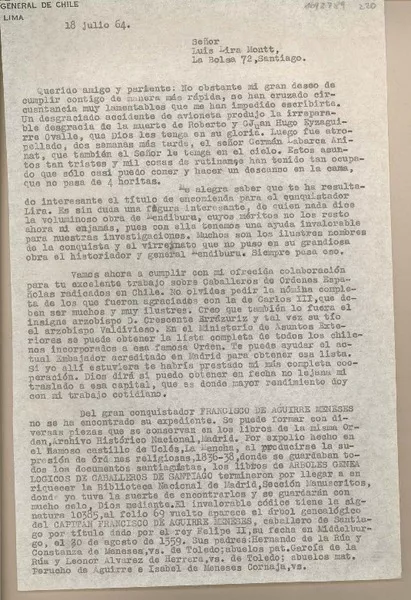 [Carta] 1964 julio 18, Lima, Perú [a] Luis Lira Montt, Santiago, Chile  [manuscrito] Juan Mujica de la Fuente.