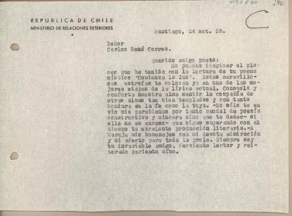 [Carta] 1958 septiembre 24, Santiago, Chile [a] Carlos René Correa  [manuscrito] Juan Mujica de la Fuente.