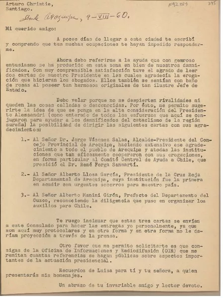 [Carta] 1960 agosto 9, Arequipa, Perú [a] Arturo Christie M., Santiago, Chile  [manuscrito] Juan Mujica de la Fuente.