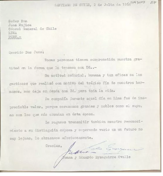 [Carta] 1964 julio 2, Santiago, Chile [a] Juan Mujica, Lima, Perú  [manuscrito] Eduardo Eyzaguirre Ovalle.
