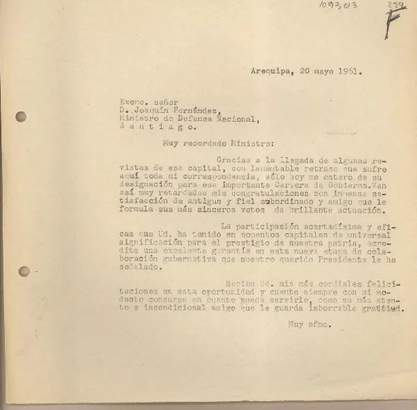[Carta] 1961 mayo 20, Arequipa, Perú [a] Joaquín Fernández, Santiago, Chile  [manuscrito] Juan Mujica de la Fuente.