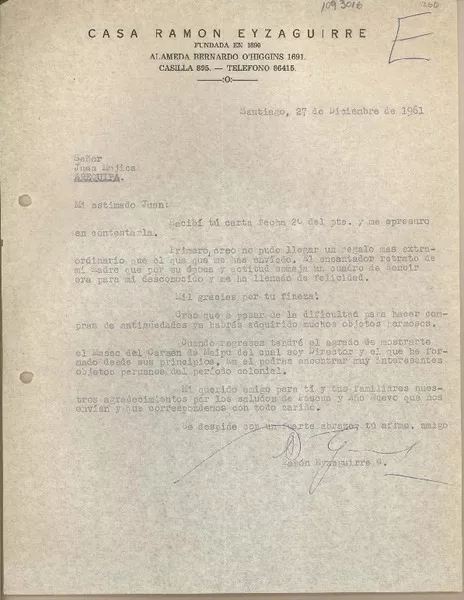 [Carta] 1964 julio 2, Santiago, Chile [a] Juan Mujica, Arequipa, Perú  [manuscrito] Ramón Eyzaguirre Gutiérrez.