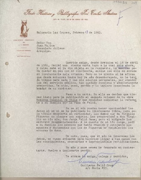 [Carta] 1963 febrero, Las Cruces, Chile [a] Juan Mujica, Arequipa, Perú  [manuscrito] Guillermo Feliú Cruz.