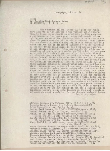 [Carta] 1962 diciembre 28, Arequipa, Perú [a] Aurelio Miró-Quesada, Lima, Perú  [manuscrito] Juan Mujica de la Fuente.