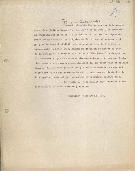 [Carta] 1963 mayo 16, Santiago, Chile [a] Juan Mujica, Lima, Perú  [manuscrito] Fernando Aldunate Errázuriz.