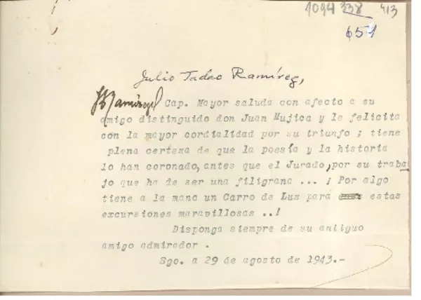 [Carta] 1943 agosto 29, Santiago, Chile [a] Juan Mujica  [manuscrito] Julio Tadeo Ramírez Ortíz.