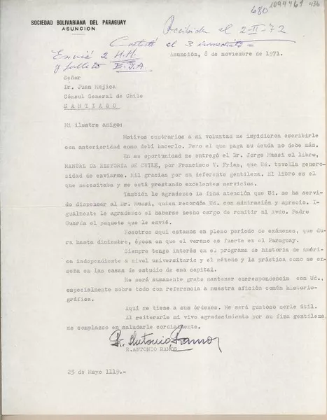 [Carta] 1972 febrero 2, Asunción, Paraguay [a] Juan Mujica, Santiago, Chile  [manuscrito] R. Antonio Ramos.