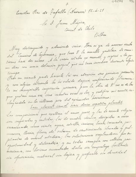 [Carta] 1951 abril 15, Escuelas Pías de Tafalla, Navarra, España [a] Juan Mujica, Cónsul de Chile, Bilbao, España  [manuscrito] Joaquín Iráizoz de la Cruz.