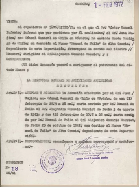 [Oficio N°18] 1972 febrero 1, Córdoba, Argentina [a] Juan Mujica, Santiago, Chile  [manuscrito] Dirección General de Actividades Artísticas.
