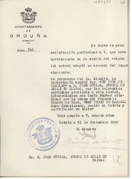 [Carta] [1951], Orduña, España [a] Juan Mujica de la Fuente, Bilbao  [manuscrito] Dámaso de Uriarte y Díaz de Olarte.