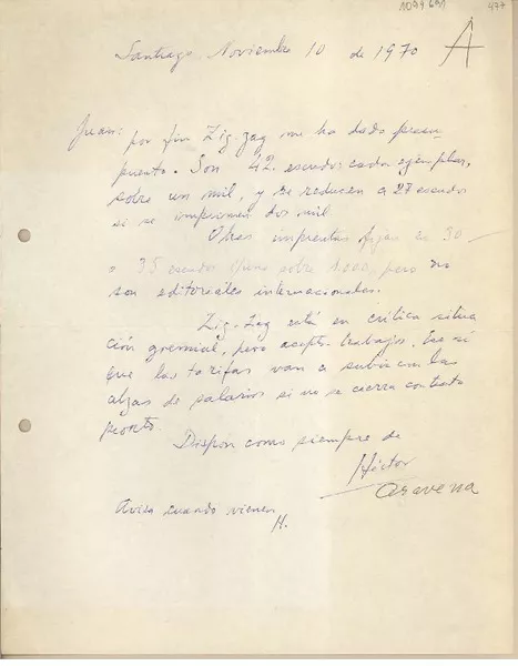 [Carta] 1970 noviembre 10, Santiago, Chile [a] Juan Mujica  [manuscrito] Héctor Aravena González.