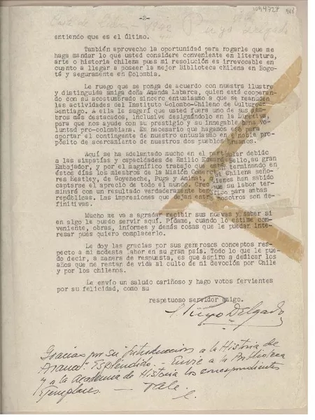 [Carta] [1942] [Colombia] [a] Juan Mujica de la Fuente  [manuscrito] Carlos Puyó Delgado.