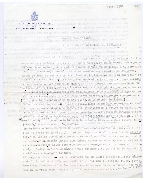 [Carta] 1978 agosto 30, Madrid, España [a] Juan Mujica de la Fuente  [manuscrito] Dalmiro de la Válgoma y Díaz-Varela.