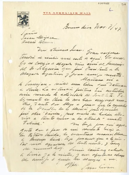 [Carta] 1947 junio 10, Buenos Aires, Argentina [a] Juan Mujica de la Fuente, Bahía Blanca, Argentina  [manuscrito] Pedro Lira Urquieta.