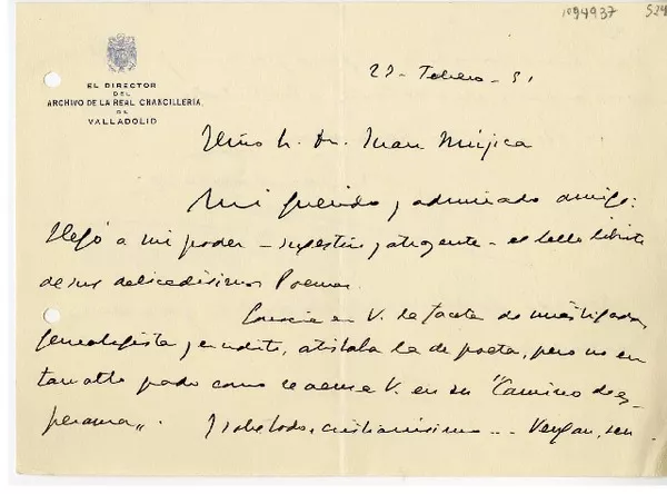[Carta] 1951 febrero 22, Valladolid, España [a] Juan Mujica de la Fuente  [manuscrito] Francisco Mendizábal García.