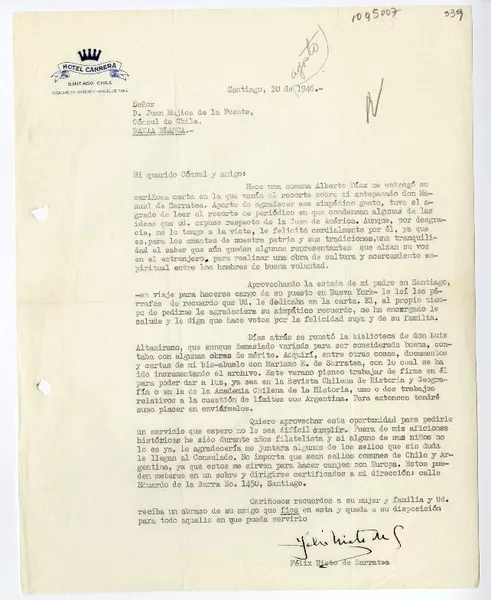 [Carta] 1946 agosto 26, Santiago, Chile [a] Juan Mujica de la Fuente, Bahía Blanca, Argentina  [manuscrito] Felix Nieto de Sarratea.