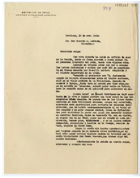 [Carta] 1943 diciembre 15, Santiago, Chile [a] Ricardo A. Latcham  [Manuscrito] Juan Mujica de la Fuente.