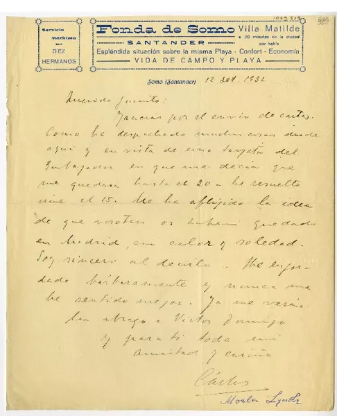 [Carta] 1932 septiembre 12, Santander, España [a] Juan Mujica de la Fuente, Madrid  [Manuscrito] Carlos Morla Lynch.