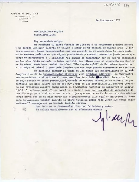 [Carta] 1974 noviembre 24, Barcelona, España [a] Juan Mujica de la Fuente, Lima, Perú  [Manuscrito] Agustín del Saz.