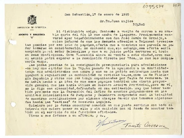 [Carta] 1950 enero 17, San Sebastián, España [a] Juan Mujica, Bilbao, España  [manuscrito] Fausto Arocena Arregui.