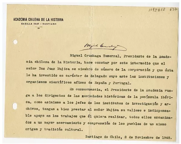 [Carta] 1948 noviembre 2, Santiago, Chile [a] Juan Mujica, Mendoza, Argentina  [manuscrito] Miguel Cruchaga Tocornal.
