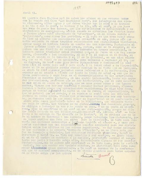 [Carta] [1947] abril 21, Buenos Aires, Argentina [a] Juan Mujica, Bahía Blanca, Argentina  [manuscrito] Marta Brunet.