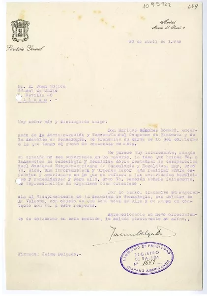 [Carta] 1949 abril 30, Madrid, España [a] Juan Mujica, Bilbao, España  [manuscrito] Jaime Delgado.