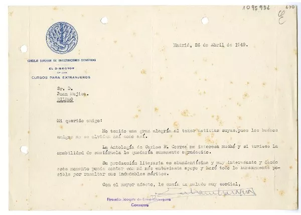 [Carta] 1949 abril 26, Madrid, España [a] Juan Mujica, Bilbao, España  [manuscrito] Joaquín de Entrambasaguas Peña.