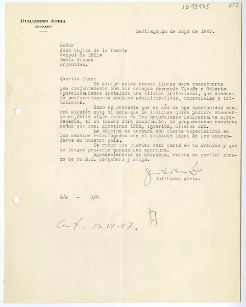 [Carta] 1947 marzo 26, Santiago, Chile [a] Juan Mujica, Bahía Blanca, Argentina  [manuscrito] Guillermo Atria.