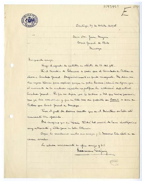[Carta] 1948 octubre 27, Santiago, Chile [a] Juan Mujica, Mendoza, Argentina  [manuscrito] Maximiano Errázuriz Valdés.