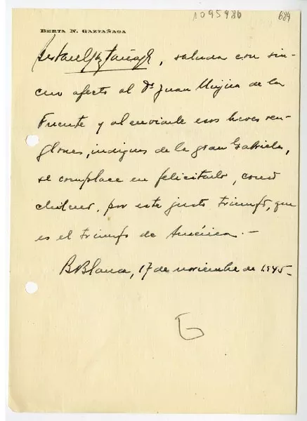 [Carta] 1945 noviembre 17, Bahia Blanca, Argentina [a] Juan Mujica de la Fuente  [manuscrito] Berta N. Gaztañaga de Lejarraga.